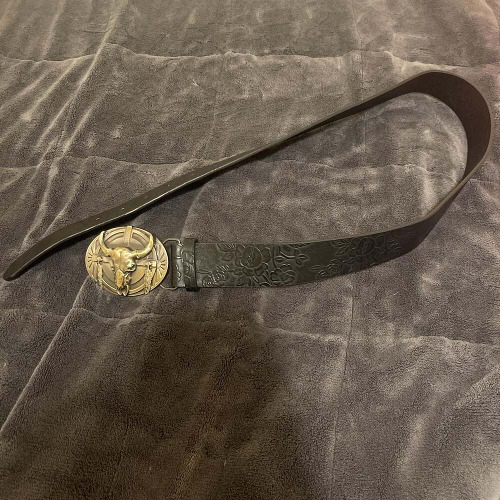 Western Floral Embossed Black Leather Belt with Bull Skull Buckle